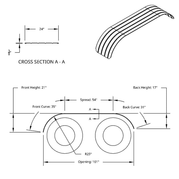 120" 430 Stainless Steel (16ga) Beaded Edge Ribbed Full Fender 54" Spread - SR Series (Pair)