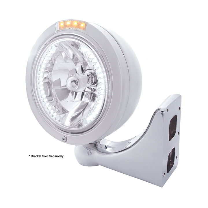 Stainless Steel Bullet Classic Headlight H4 With White LED &amp; Signal - Clear Lens