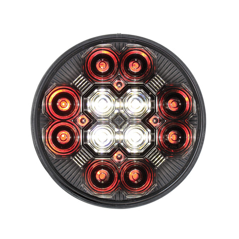 4" Round Combo Light With 12 LED Stop, Turn & Tail & 16 LED Back-Up - Red LED/Clear Lens