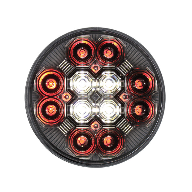 4" Round Combo Light With 12 LED Stop, Turn & Tail & 16 LED Back-Up - Red LED/Clear Lens