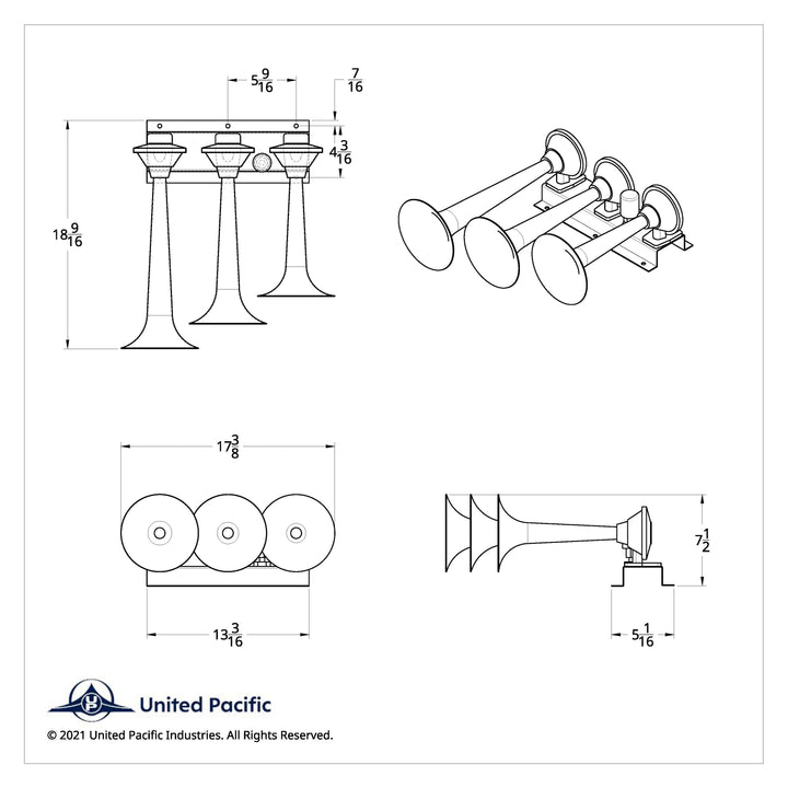 3 Trumpets Horizontal Chrome Train Horn - Right