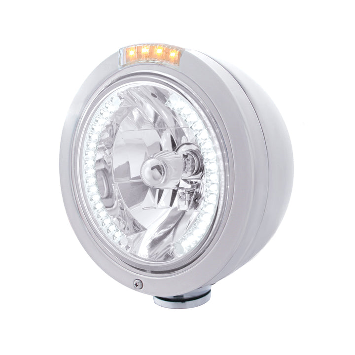 Stainless Steel Bullet Classic Headlight H4 With White LED &amp; Signal - Clear Lens