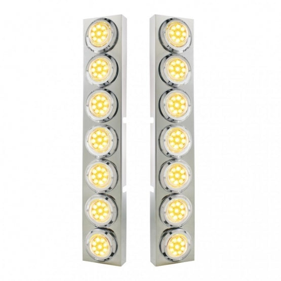 SS Front Air Cleaner Bracket With 14X 9 Amber LED 2" Reflector Lights &amp; Bezel For KW Trucks -Clear Lens
