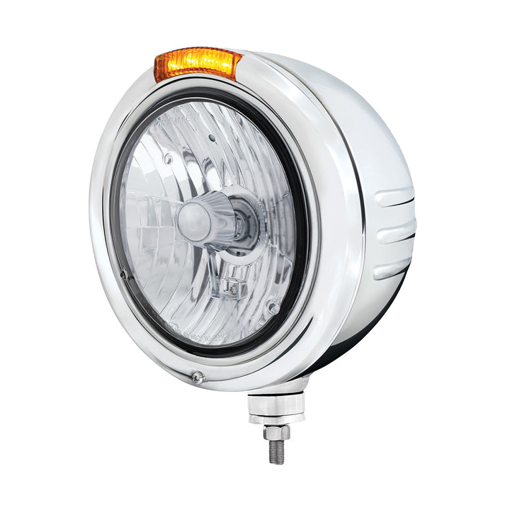 Stainless Steel Classic Embossed Stripe Headlight Crystal H4 &amp; Dual Mode LED Signal-Amber Lens
