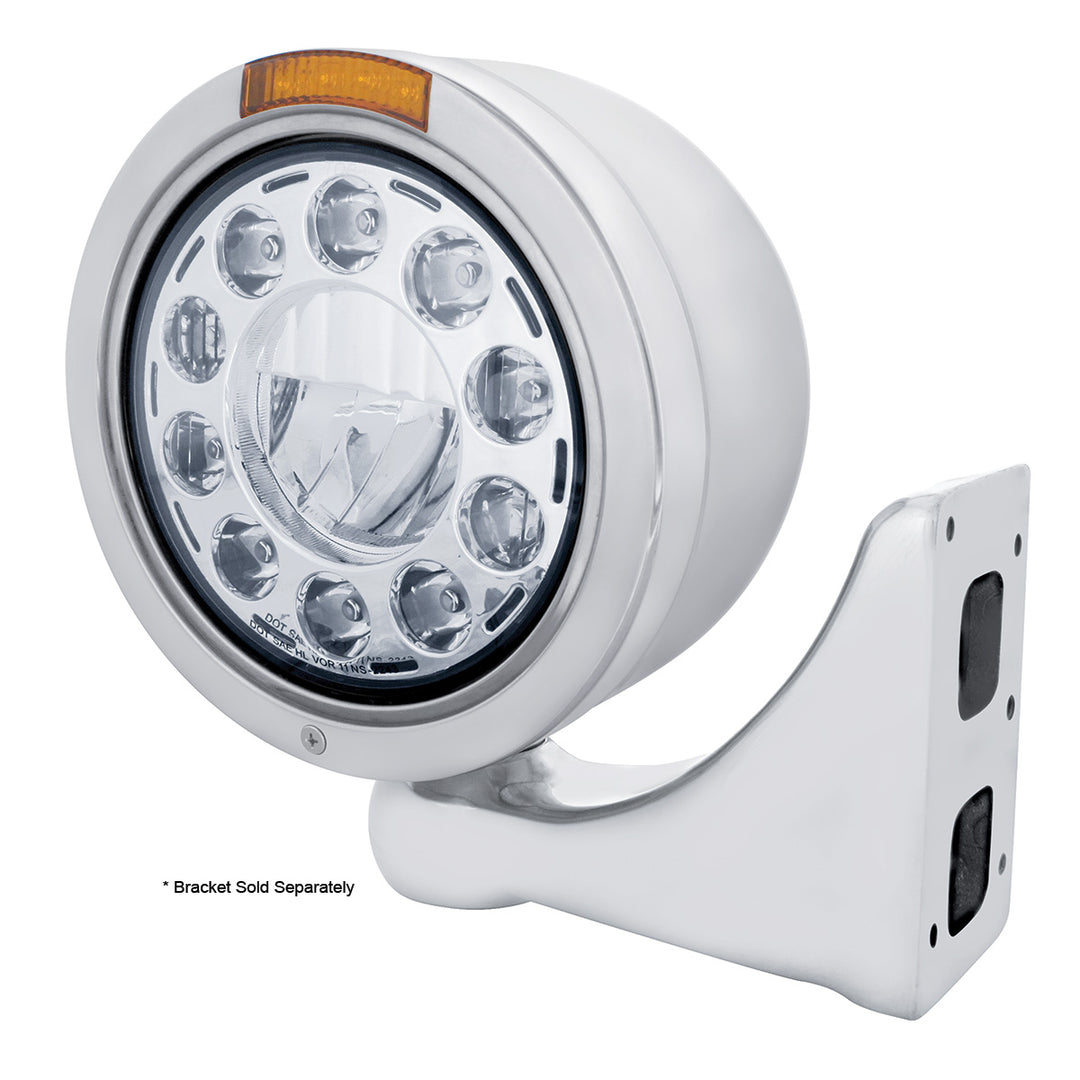 Stainless Bullet Half Moon Headlight 11 LED Bulb &amp; Dual Mode LED Signal - Amber Lens