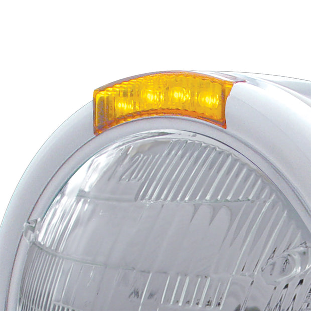 Stainless Steel Classic Half Moon Headlight 6014 Bulb & LED Turn Signal - Amber Lens