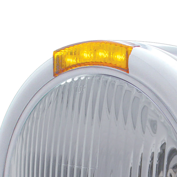 Stainless Steel Classic Half Moon Headlight H4 Bulb & LED Turn Signal - Amber Lens