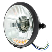 Black 5-3/4" Motorcycle Headlight H4 Bulb With 5 Amber LED - Side Mount