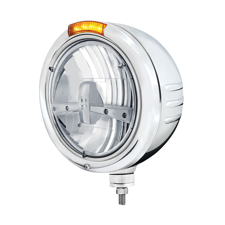 Stainless Steel Classic Embossed Stripe Headlight 5 LED Bulb &amp; Dual Mode LED Signal-Amber Lens