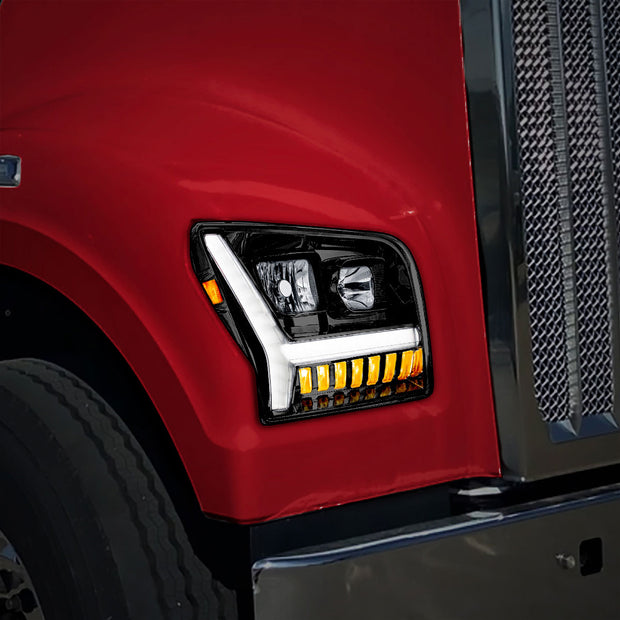 Blackout Headlight With LED DRL Light Bar & Turn Signal For 2018-2024 Kenworth W990-Passenger