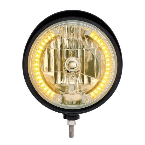 Black "Billet" Style Groove Headlight With Visor H4 Bulb With 34 Amber LED