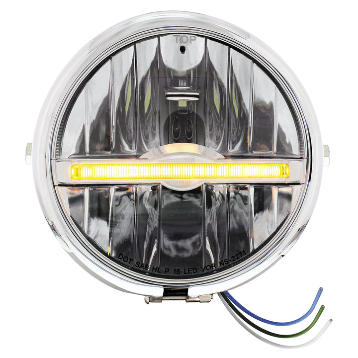 Chrome 5-3/4" Motorcycle Headlight 9 LED Bulb With Amber LED Light Bar - Side Mount