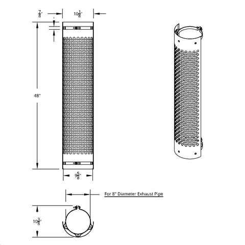 48" Tall 180 Degree Stainless Exhaust Muffler Shield For 8" Diameter Exhaust - Vertical Slot