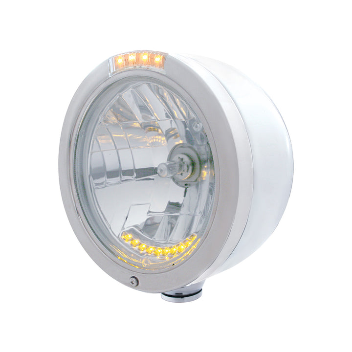 Stainless Steel Bullet Half Moon Headlight H4 With 10 Amber LED &amp; Dual Mode LED Signal-Clear Lens