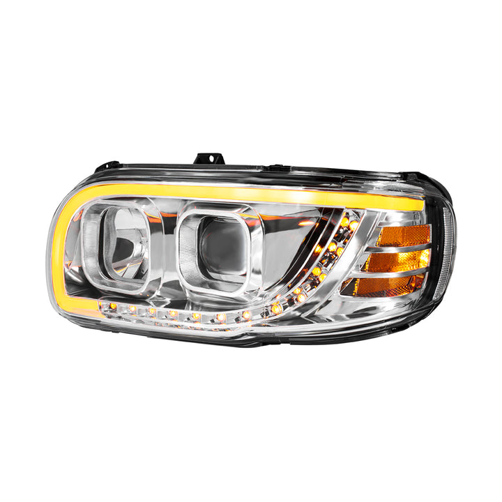 Chrome Projection Headlight With LED Turn Signal &amp; Light Bar For 2008-2024 Peterbilt 389-Driver
