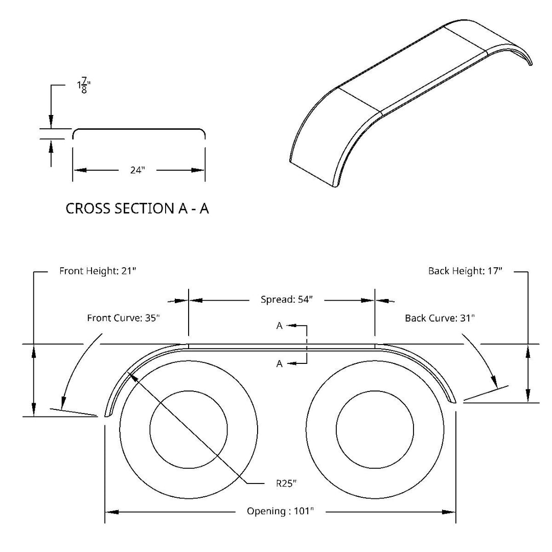 120" 430 Stainless Steel (16ga) Roll  Formed Edge Smooth Full Fender 54" Spread - SS Series (Pair)