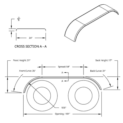 120" 430 Stainless Steel (16ga) Roll  Formed Edge Smooth Full Fender 54" Spread - SS Series (Pair)