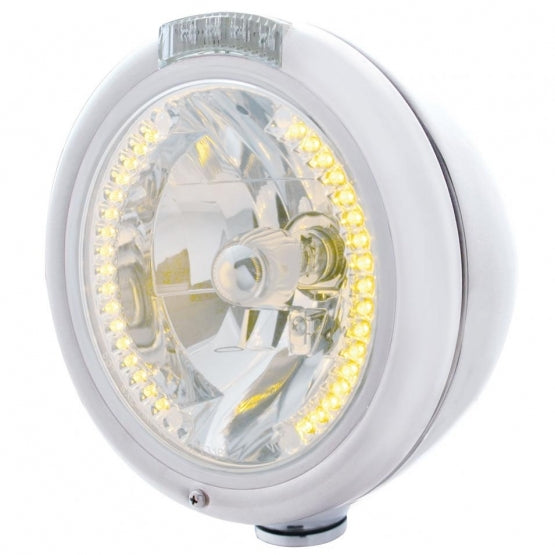 Chrome Classic Headlight H4 With 34 Amber LED &amp; LED Signal - Clear Lens