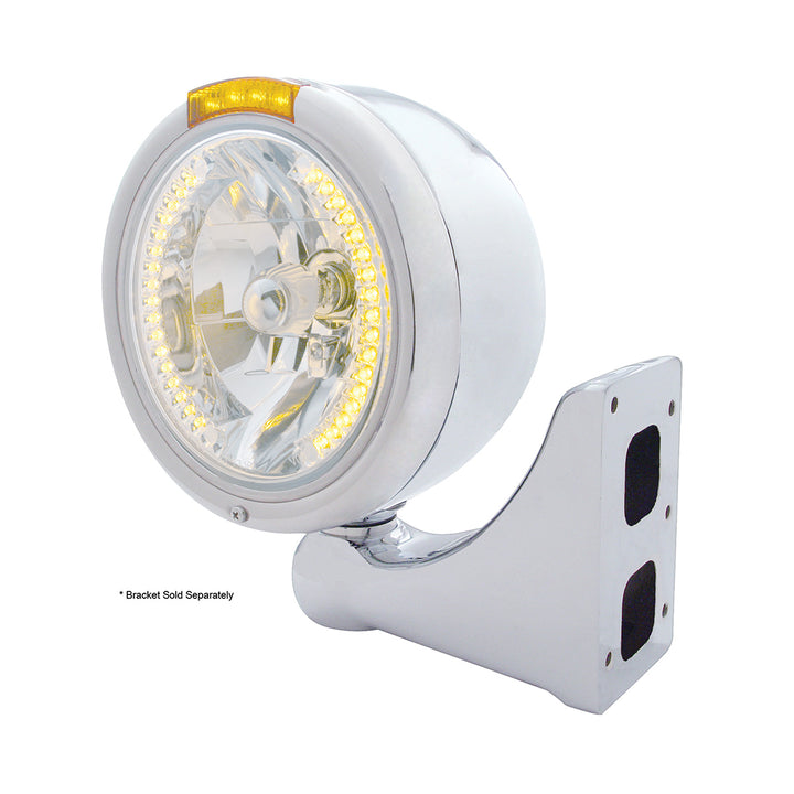 Stainless Steel Classic Half Moon Headlight H4 With Amber LED &amp; Dual Mode LED Signal-Amber Lens