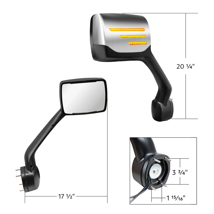 Chrome Hood Mirror Assembly W/ Sequential LED Turn Signal For 2013-2021 Kenworth T680 &amp; Peterbilt 579 - Passenger