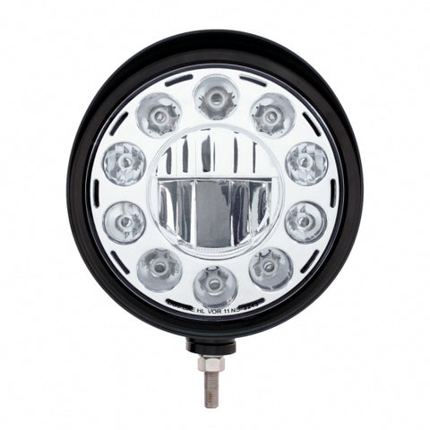 Black "Billet" Style Groove Headlight With Visor 11 LED Bulb - Chrome