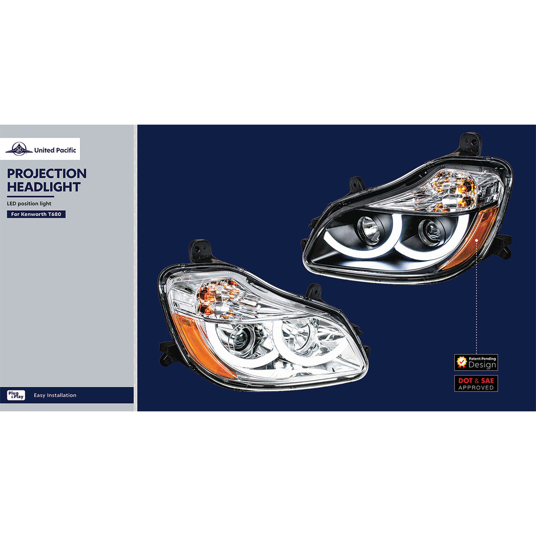 Chrome Projection Headlight With LED Position Light For 2013-2021 Kenworth T680 - Passenger