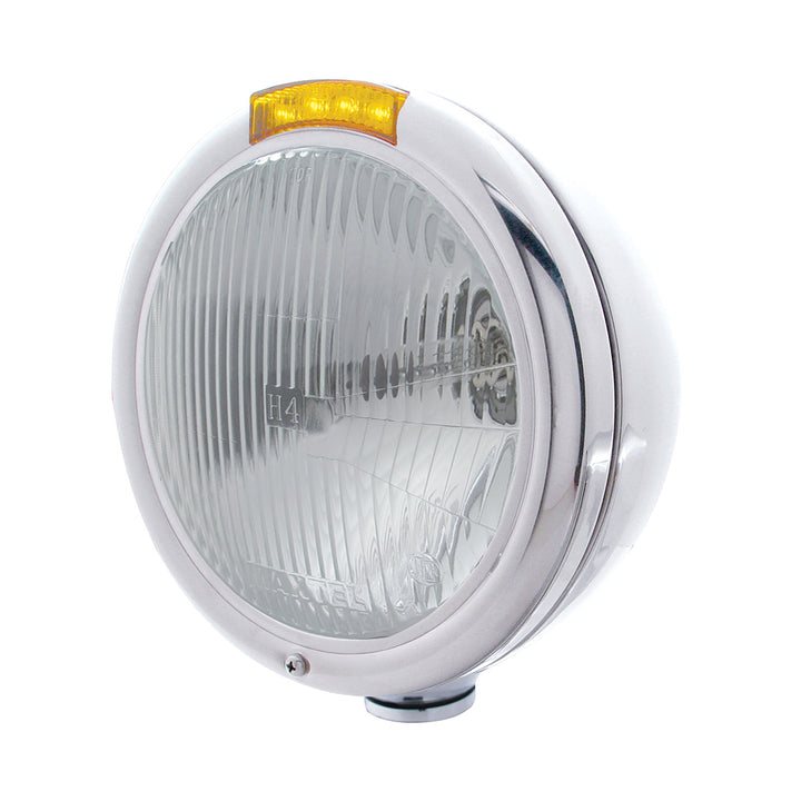 Stainless Steel Classic Headlight H4 Bulb &amp; LED Turn Signal - Amber Lens