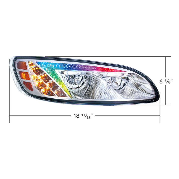 Chrome LED Headlight With Color Changing Position Light Bar For Peterbilt 386 (2005-2015) &amp; 387 (1999-2010) - Passenger