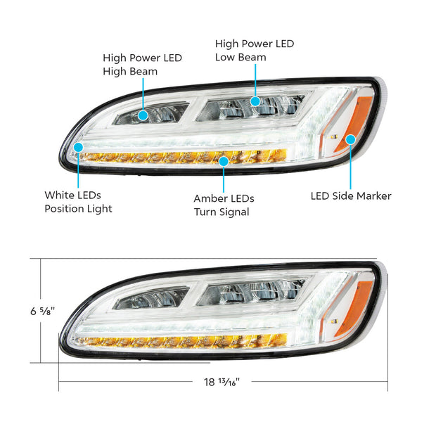 Chrome 6 LED Headlight For Peterbilt 386 (2006-2016) & 387 (2000-2011)- Driver