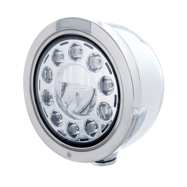Stainless Bullet Half Moon Headlight 11 LED Bulb &amp; Dual Mode LED Signal - Clear Lens