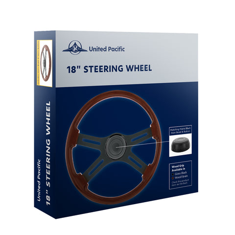 18" Matte Black 4 Spoke Steering Wheel With Horn Bezel & Button-Gloss Black