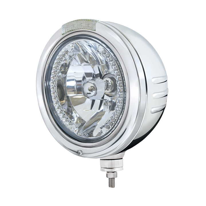 Stainless Steel Bullet Embossed Stripe Headlight H4 With White LED &amp; Dual Mode LED Signal - Clear Lens