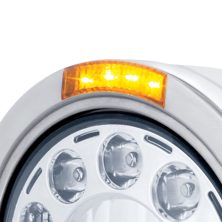 Stainless Bullet Half Moon Headlight 11 LED Bulb &amp; Dual Mode LED Signal - Amber Lens