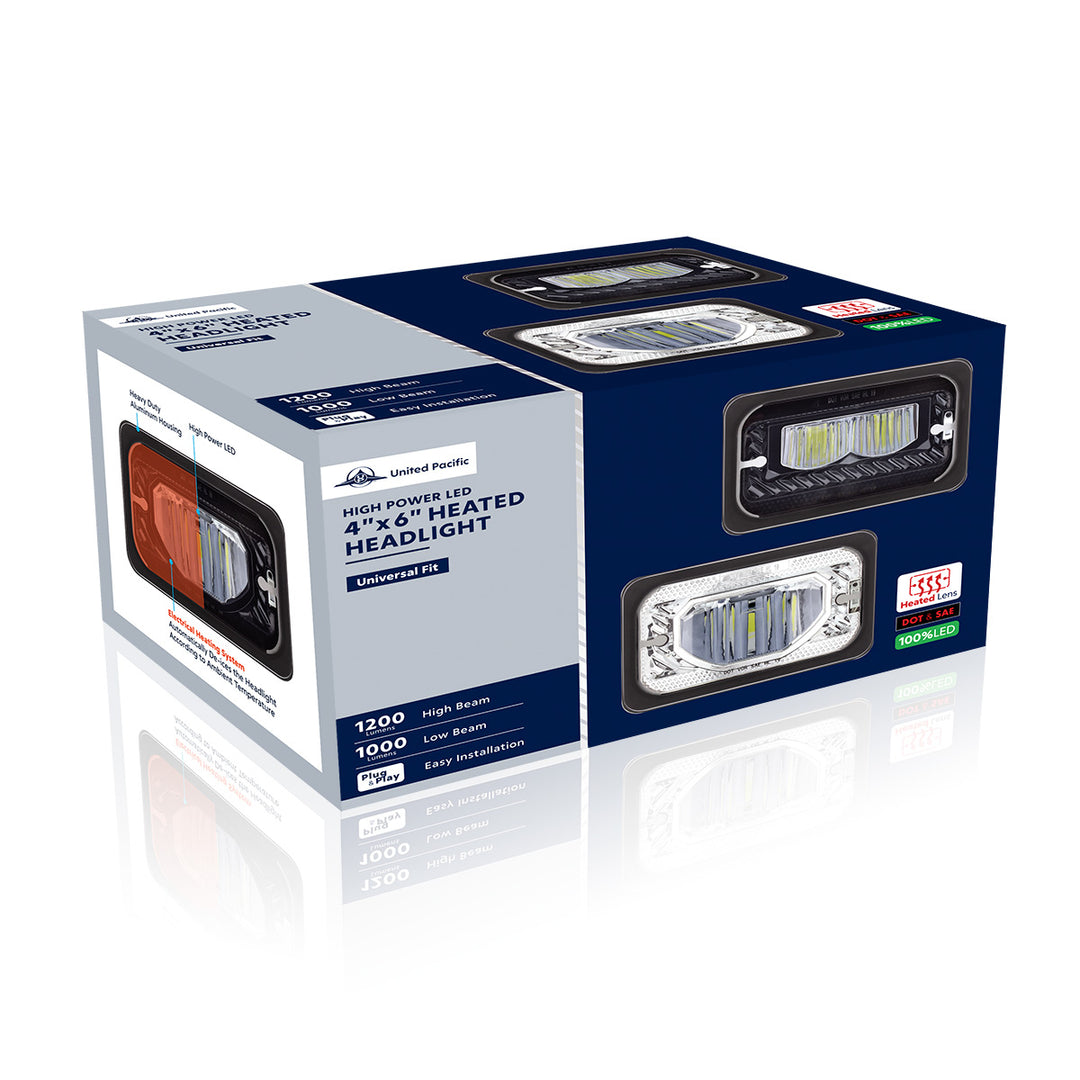 ULTRALIT - Heated 4" X 6" LED Headlight With Glass Lens &amp; Aluminum Housing - High Beam - Chrome
