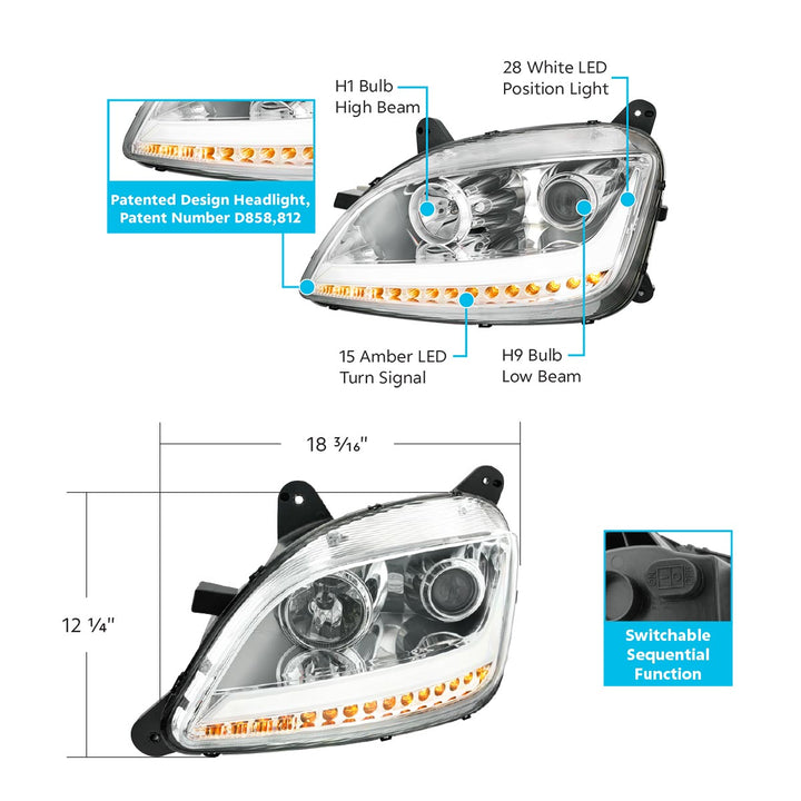 Chrome Projection Headlight With LED Position Light &amp; Sequential Signal For 2012-2021 Peterbilt 579- Driver