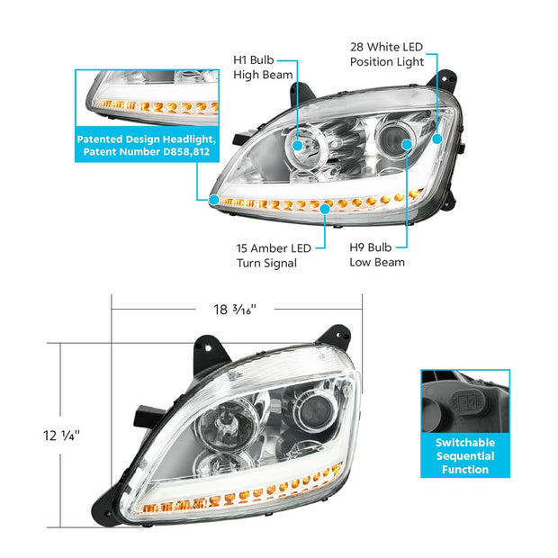 Chrome Projection Headlight With LED Position Light & Sequential Signal For 2012-2021 Peterbilt 579- Driver
