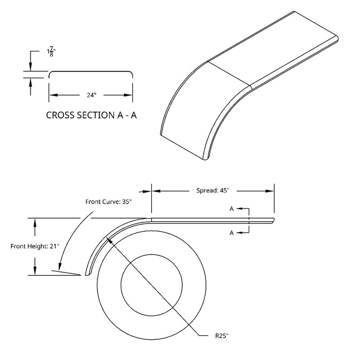 80" 430 Stainless Steel (16ga) Roll Formed Edge Smooth Half Fender - SS Series (Pair)