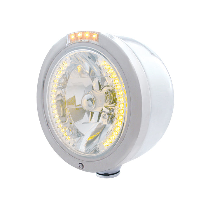 Stainless Steel Bullet Half Moon Headlight H4 With Amber LED &amp; Dual Mode LED Signal-Clear Lens