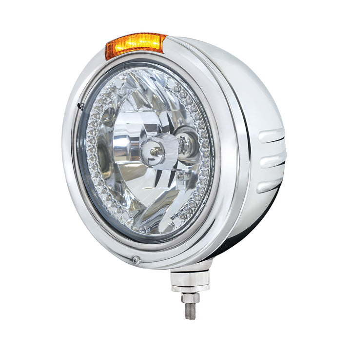 Stainless Steel Bullet Embossed Stripe Headlight H4 With White LED &amp; Dual Mode LED Signal - Amber Lens
