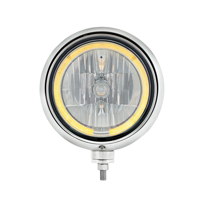 Black Guide Headlight 9007 Bulb With Amber LED Halo Rim