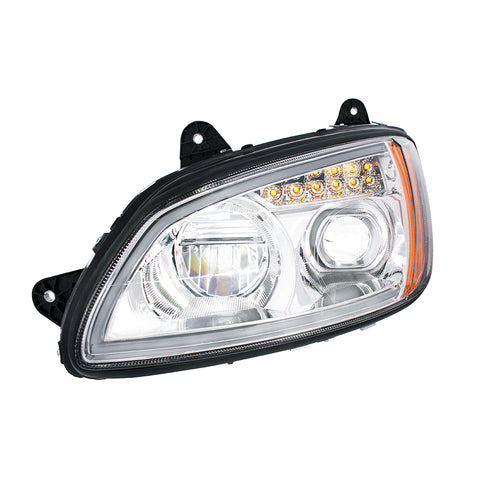 Chrome Full LED Projection Headlight With Turn Signal & Position Light Bar For 2008-2017 Kenworth T660 - Driver