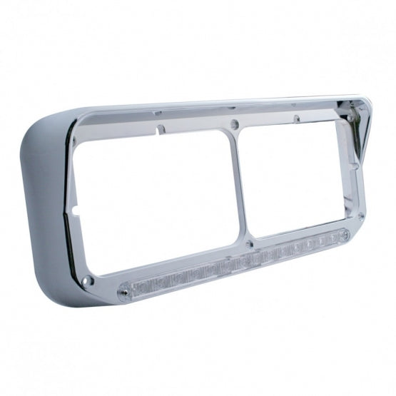 14 LED Chrome Rectangular Dual Headlight Bezel With Visor - Amber LED/Clear Lens