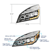 Chrome Quad-LED Headlight With LED DRL & Seq. Signal For 2018-2024 Freightliner Cascadia - Driver