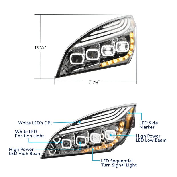 Chrome Quad-LED Headlight With LED DRL & Seq. Signal For 2018-2024 Freightliner Cascadia - Driver