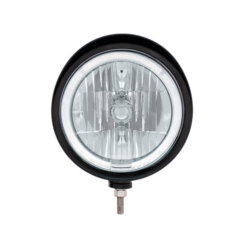Black "Billet" Style Groove Headlight With Visor 9007 Bulb With White LED Halo Rim