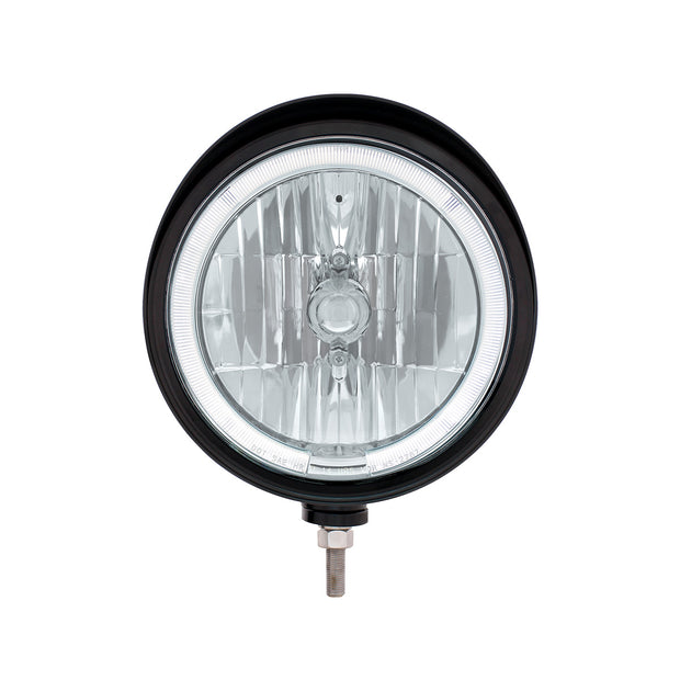 Black "Billet" Style Groove Headlight With Visor 9007 Bulb With White LED Halo Rim
