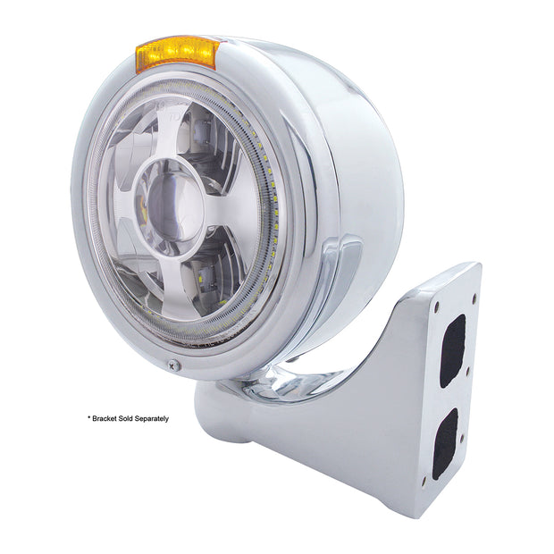Stainless Steel Bullet Half Moon Headlight LED Projection Headlight & LED Turn Signal - Amber Lens