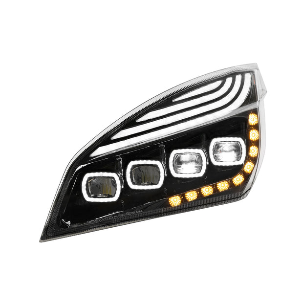 Black Quad-LED Headlight With LED DRL & Seq. Signal For 2018-2024 Freightliner Cascadia - Driver