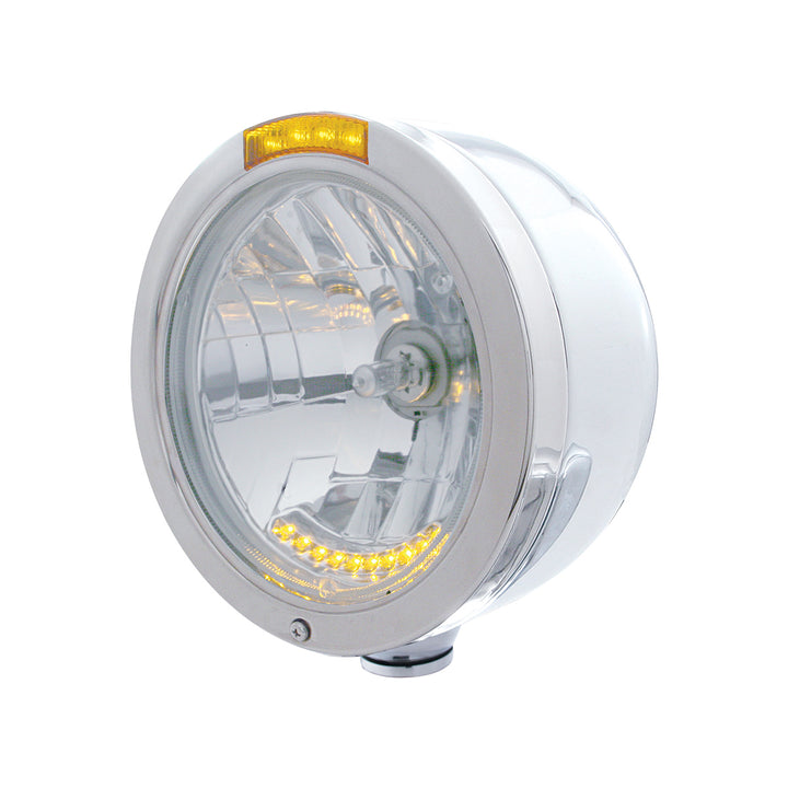 Stainless Steel Bullet Half Moon Headlight H4 With 10 Amber LED &amp; Signal - Amber Lens
