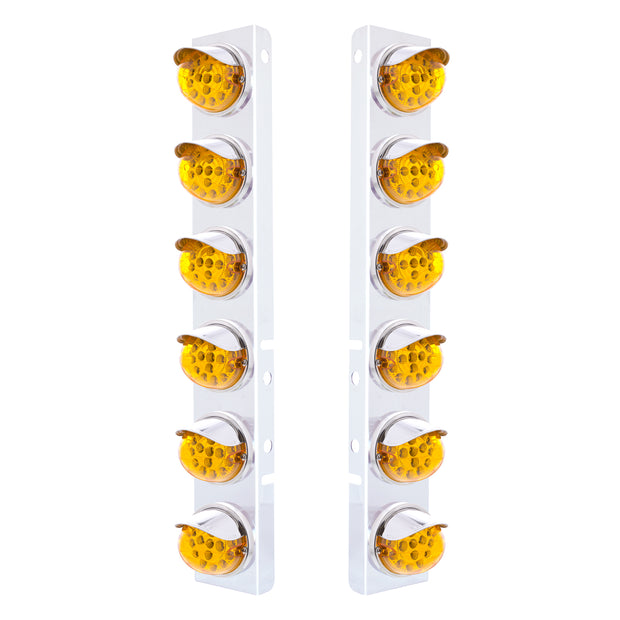 SS Front Air Cleaner Bracket With 12X 17 Amber LED Dual Function Reflector Lights & SS Visors For Peterbilt-Amber Lens